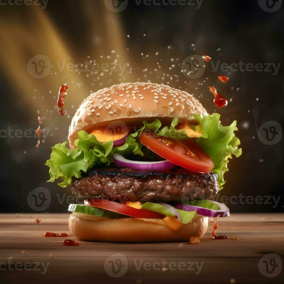 Delicious burger with flying ingredients and dark background. ai generated photo