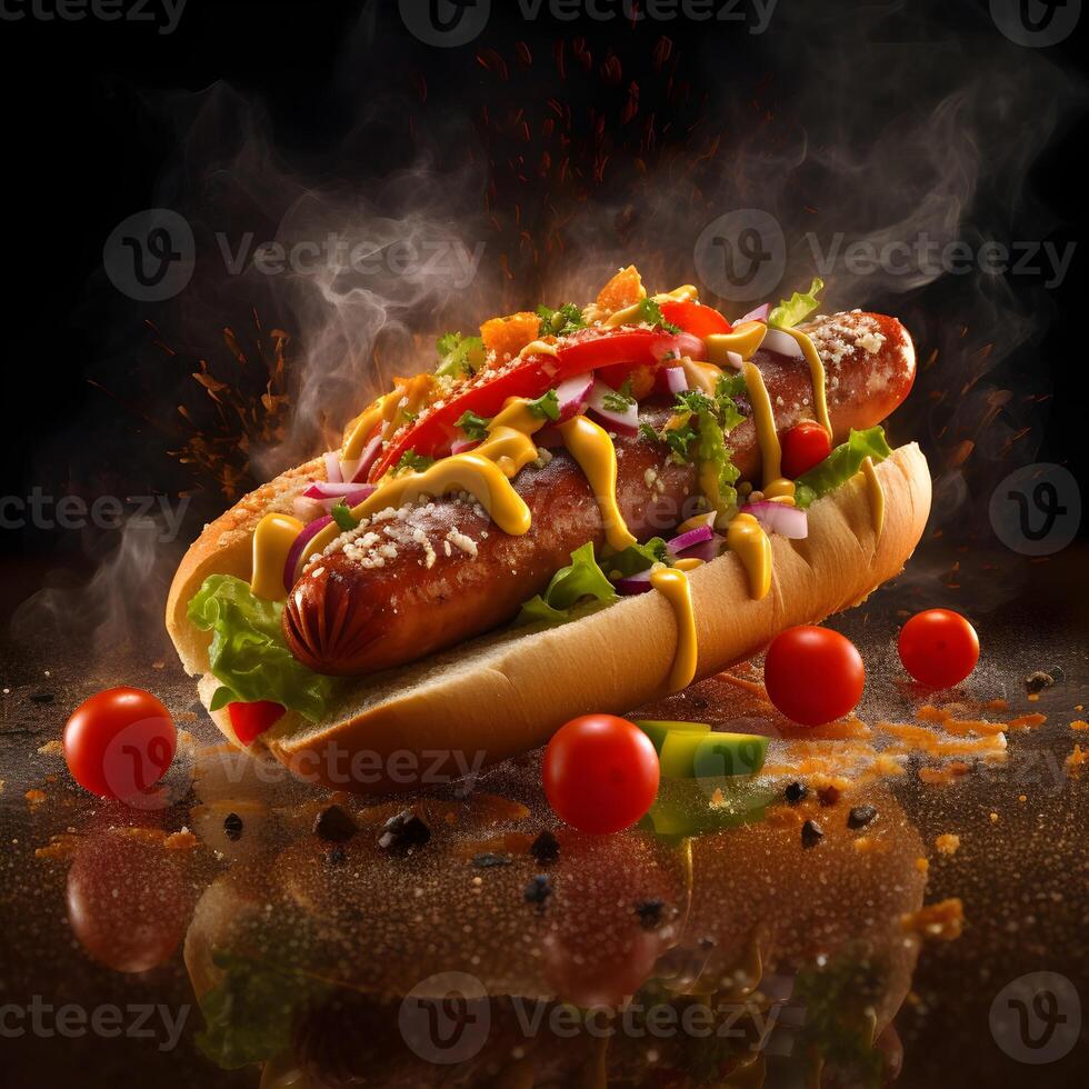 Delicious hot dog with flying ingredients and dark background. photo