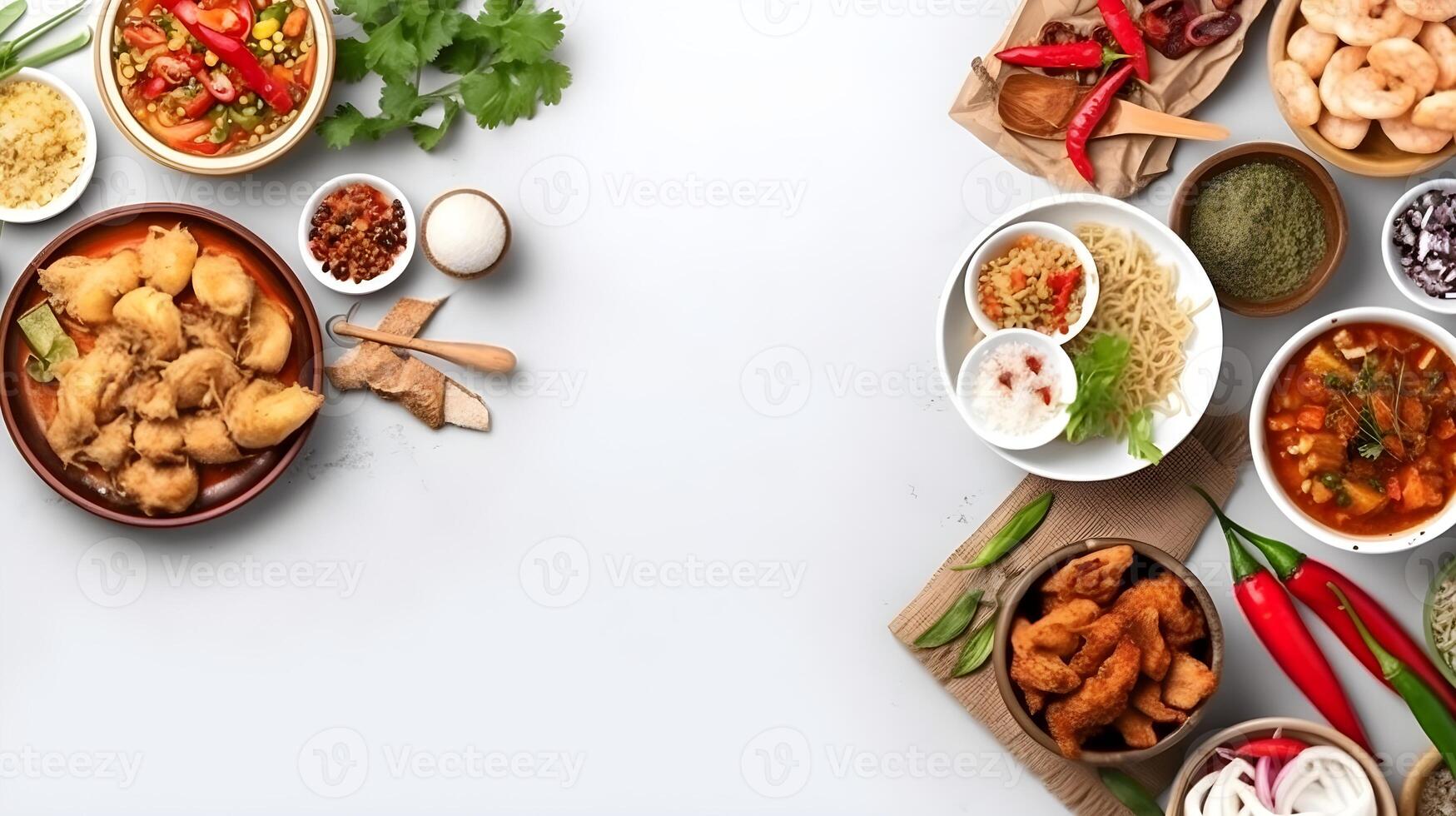 muchos diferente indonesio comida platos desde parte superior vista. ai generado foto