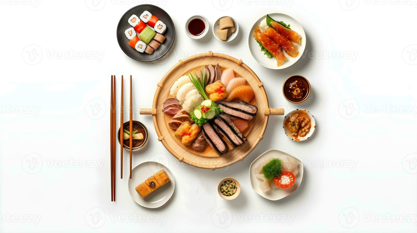 surtido de coreano y japonés platos. asiático alimento. parte superior vista, plano poner. ai generado foto