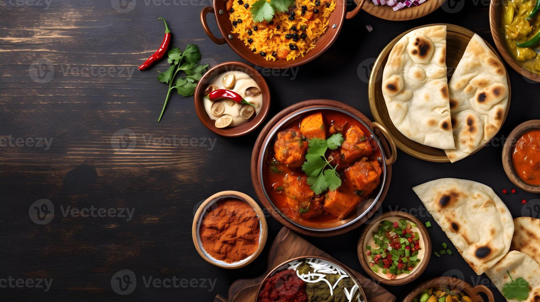 Indian ethnic food buffet on dark concrete table from top view. ai