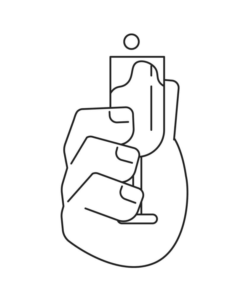 Caucasian hand toasting glass with sparkling wine monochromatic flat vector hand. Champagne beverage. Editable line pov closeup clip art on white. Simple bw cartoon spot image for web graphic design