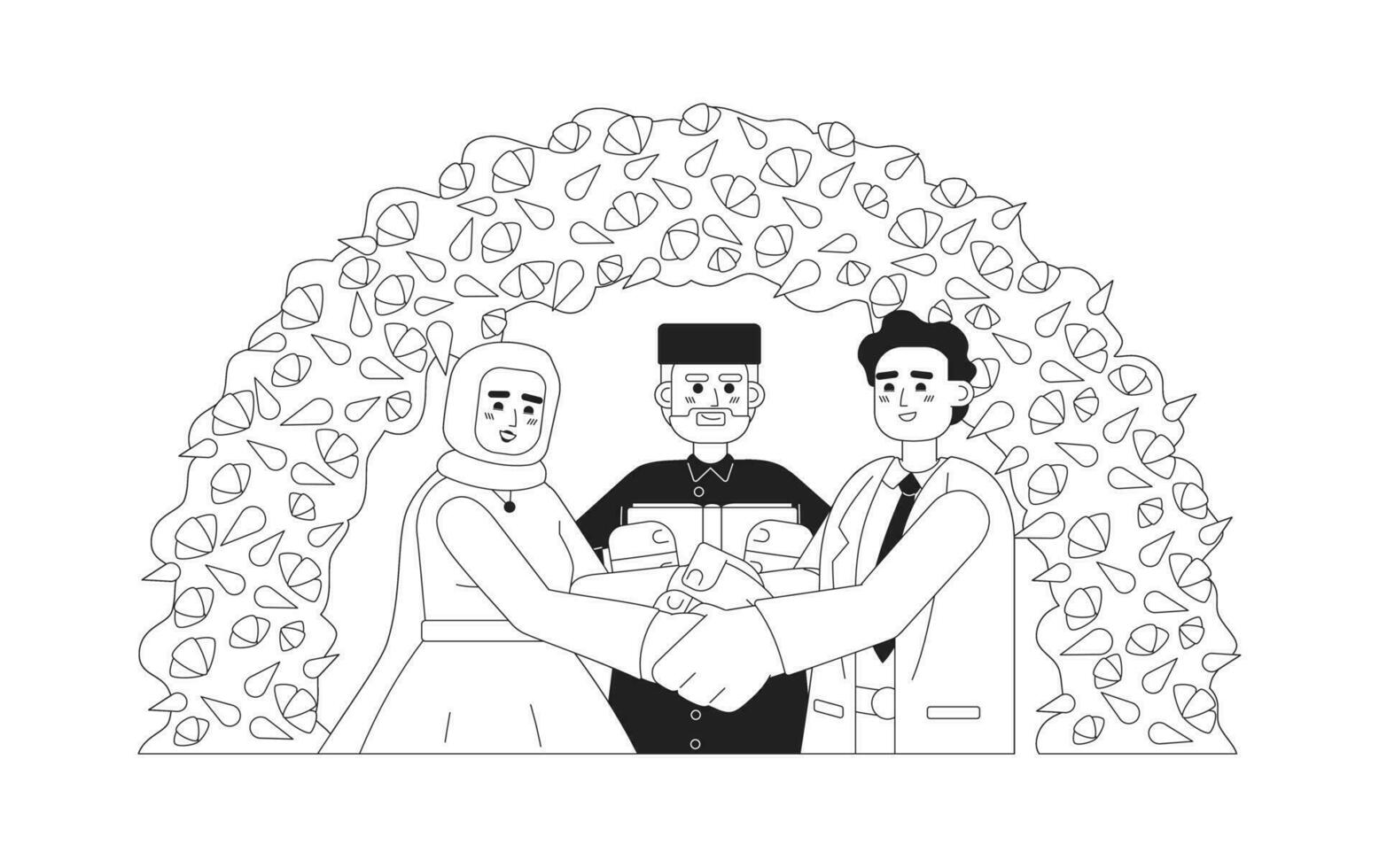 Imam officiating muslim bride groom wedding monochromatic flat vector characters. Nikah ceremony. Editable thin line half body people on white. Simple bw cartoon spot image for web graphic design