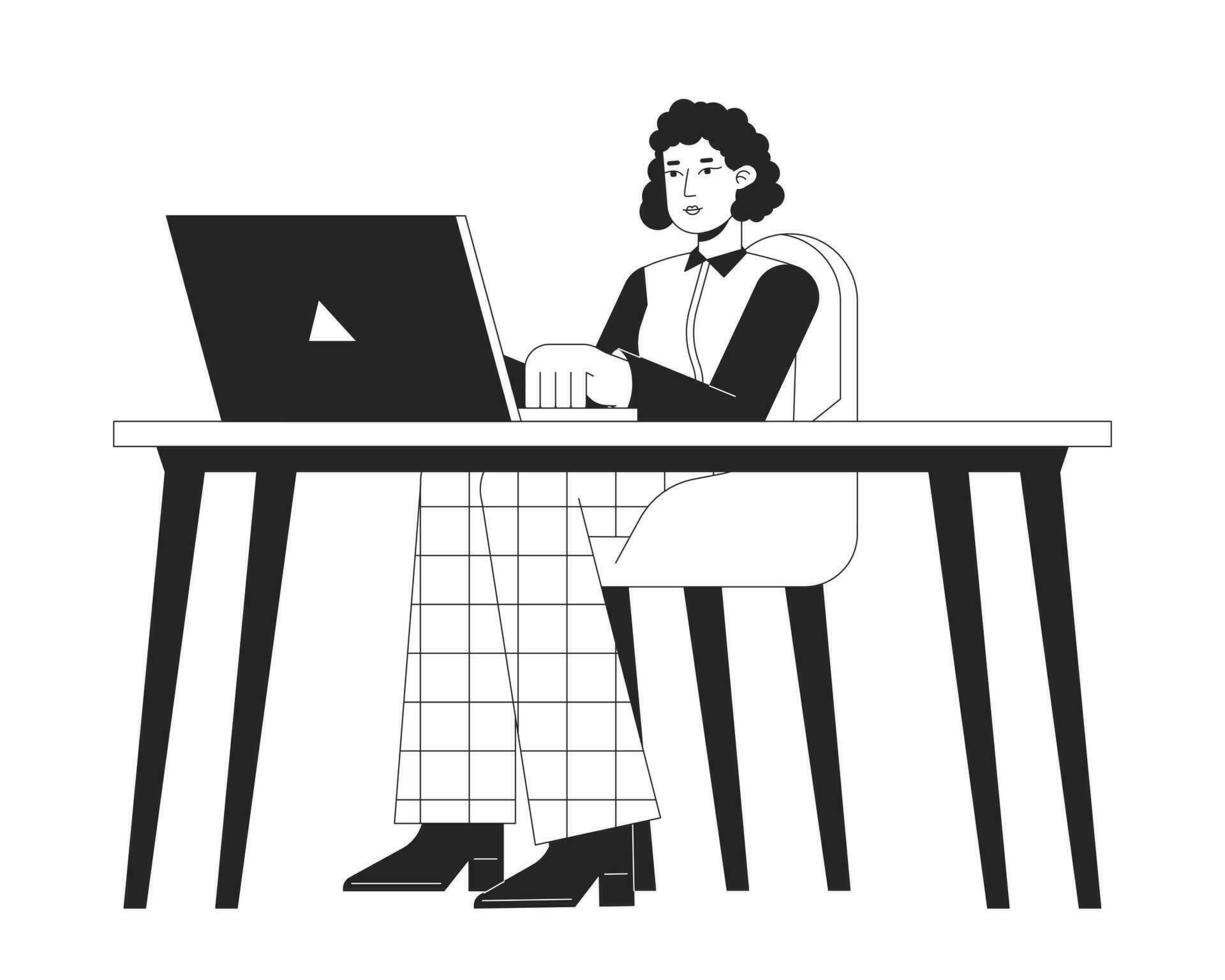 Female office worker sitting at desk with laptop flat line black white vector character. Editable outline full body person on white. Simple cartoon isolated spot illustration for web graphic design