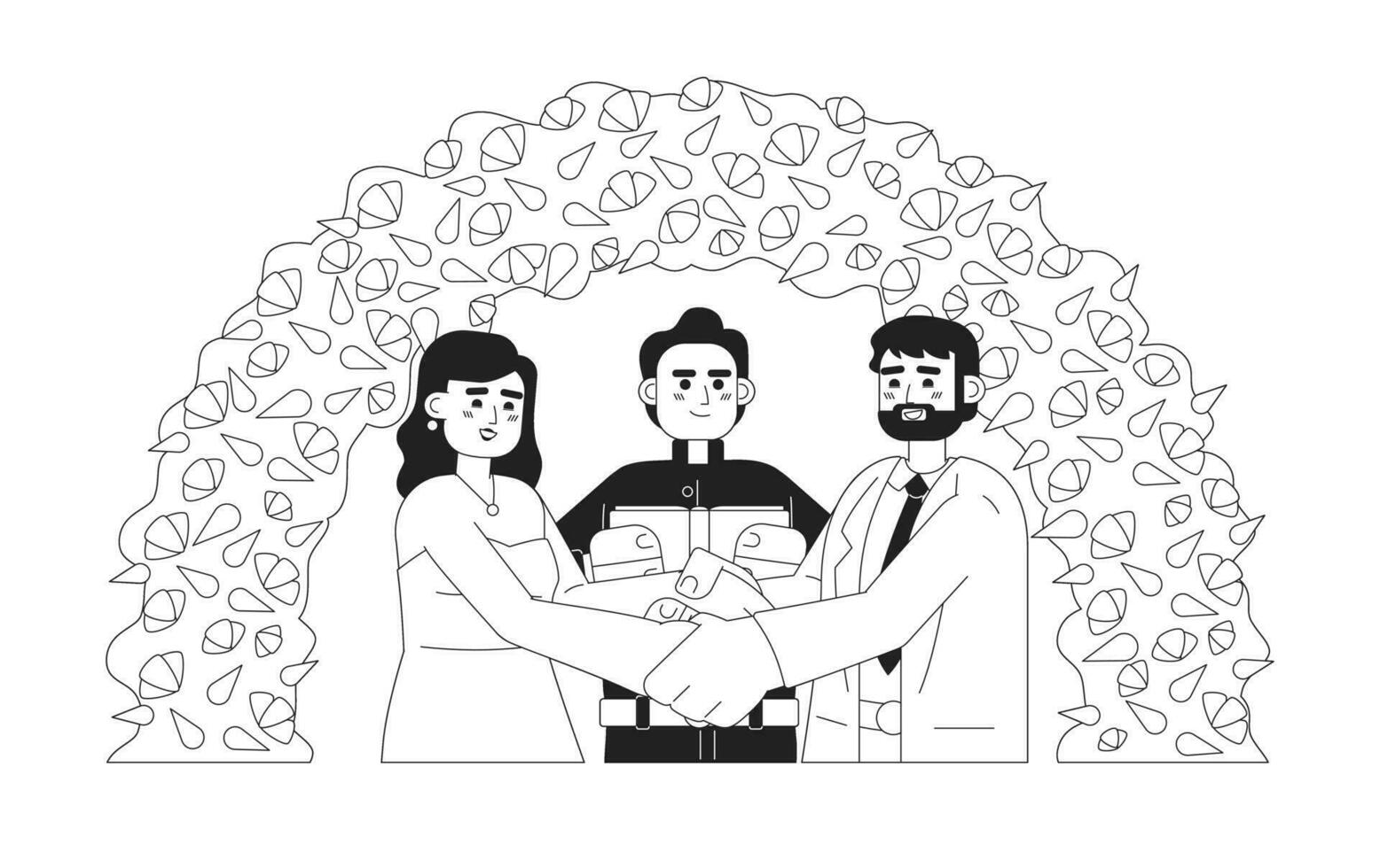 Pastor officiating bride groom wedding monochromatic flat vector characters. Happy couple under arch. Editable thin line half body people on white. Simple bw cartoon spot image for web graphic design