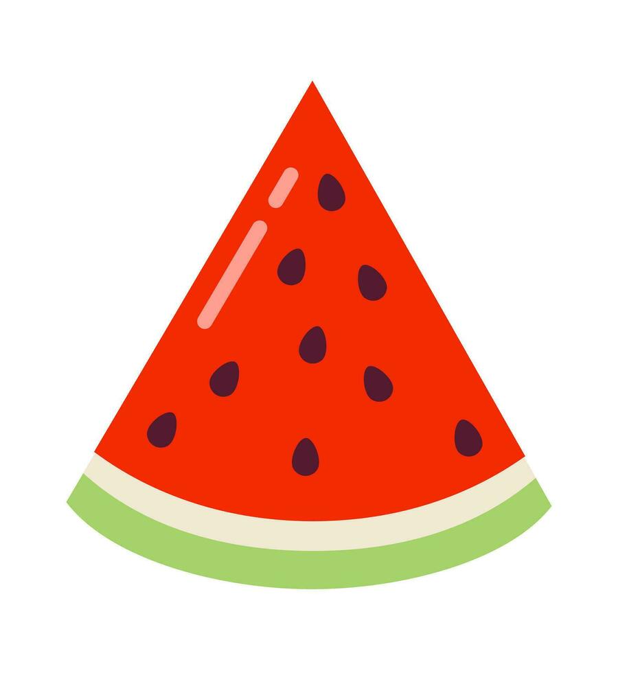 Watermelon slice semi flat colour vector object. Picnic snack at summer. Vegan cuisine. Summertime. Editable cartoon clip art icon on white background. Simple spot illustration for web graphic design