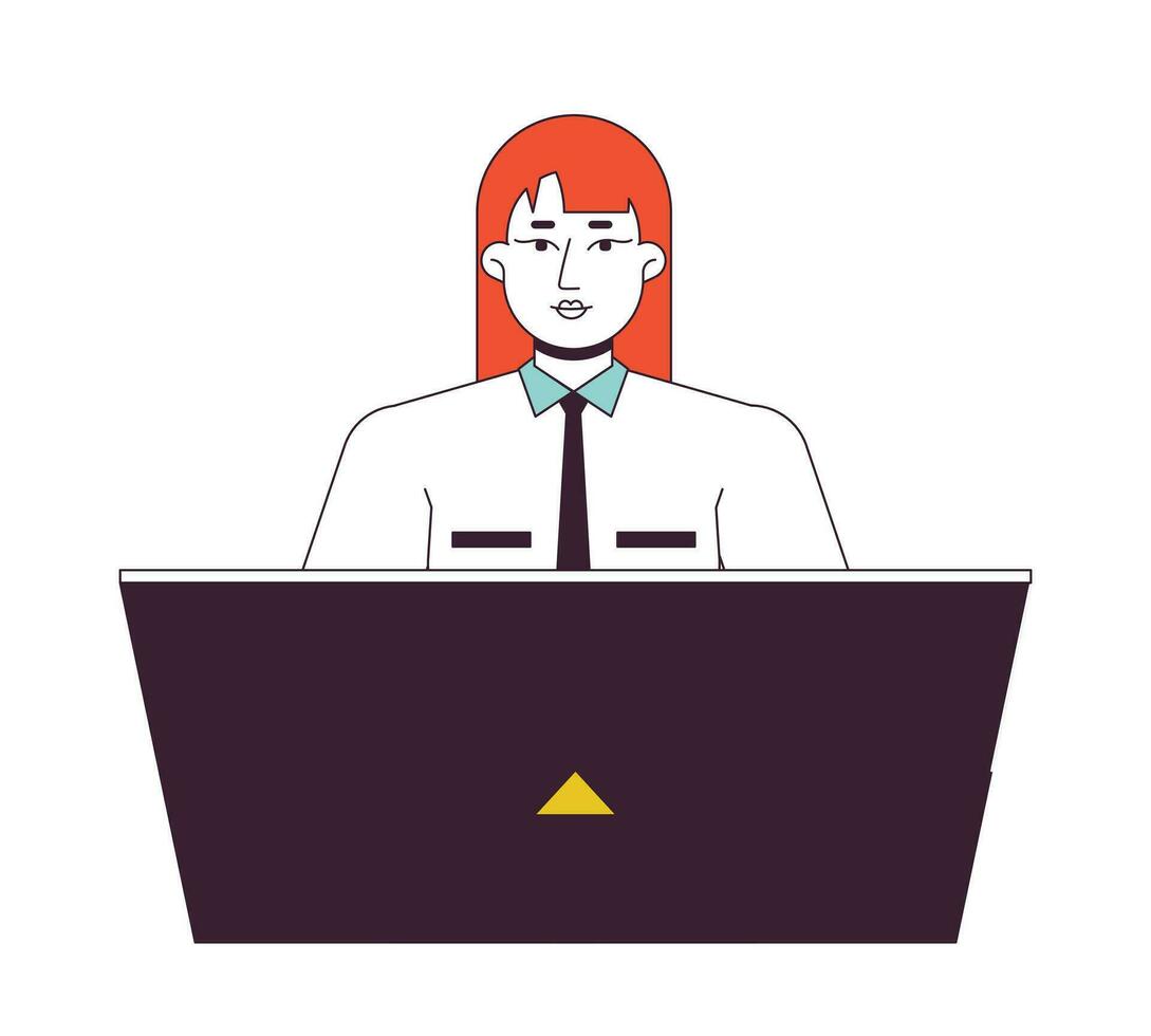 Female receptionist office worker flat line color vector character. Editable outline half body person on white. Secretary. Woman laptop work simple cartoon spot illustration for web graphic design