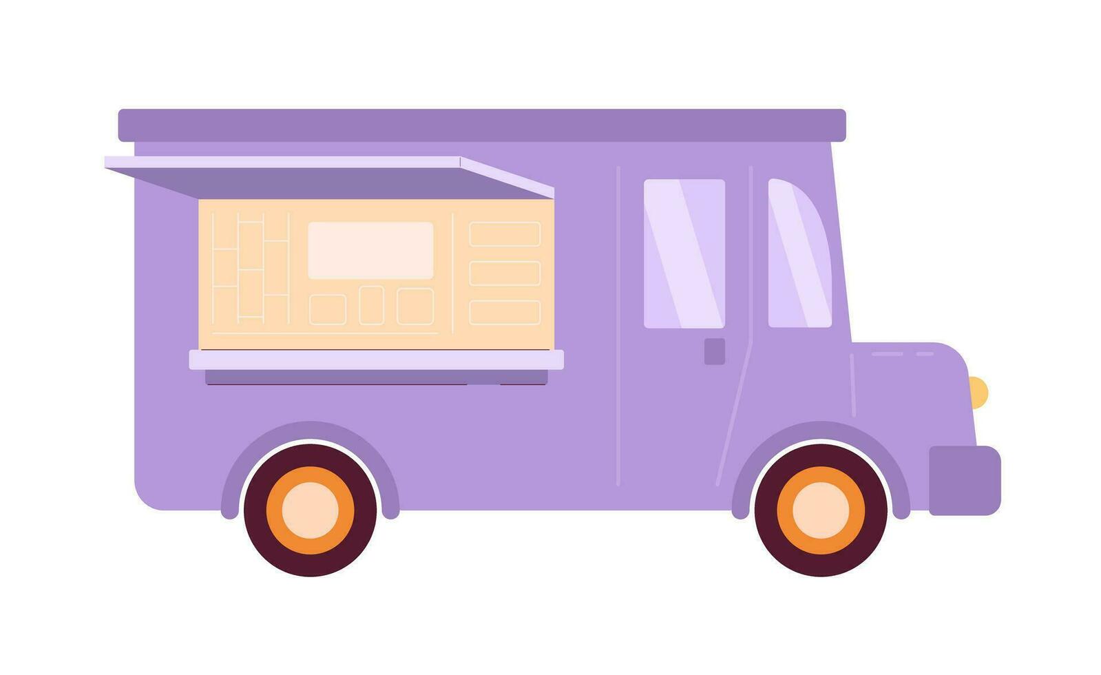 Violet food truck flat semi flat colour vector object. Car for cooking and selling street food. Editable cartoon clip art icon on white background. Simple spot illustration for web graphic design