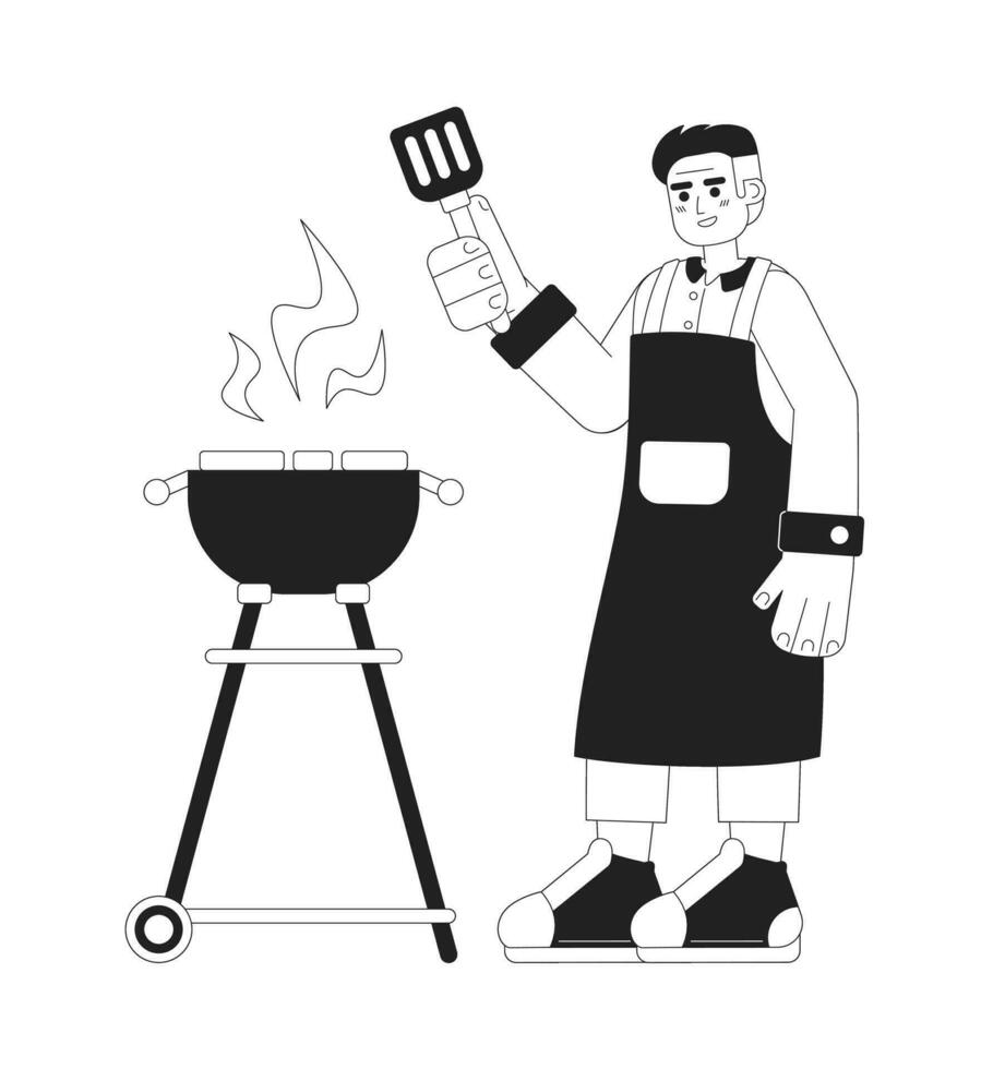 Happy man stand with spatula monochromatic flat vector character. Editable full body chef cooking bbq on grill on white. Cooking character Simple bw cartoon spot image for web graphic design