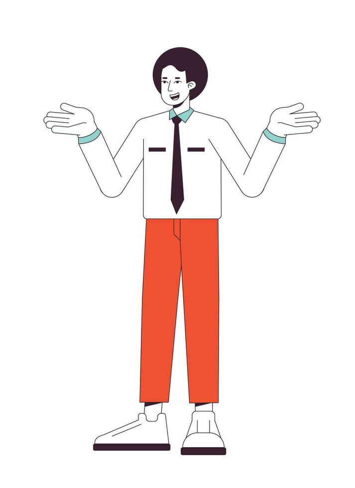 Ignorant office worker shrugging with confusion flat line color vector character. Editable outline full body person on white. Afro hair employee simple cartoon spot illustration for web graphic design