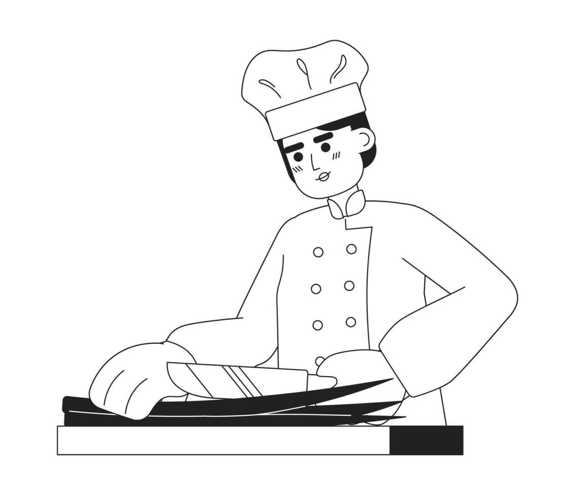 Male chef prepare food monochromatic flat vector character. Editable thin line half body caucasian female cooking character on white. Man cut onion. Simple bw cartoon spot image for web graphic design