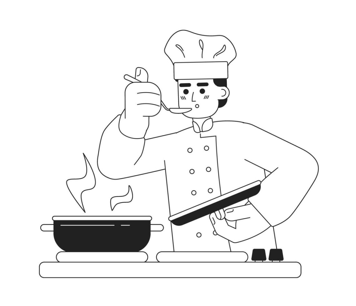 Male chef monochromatic flat vector character. Editable thin line half body man in chef hat with spoon try dish on white. Simple bw cartoon spot image for web graphic design.