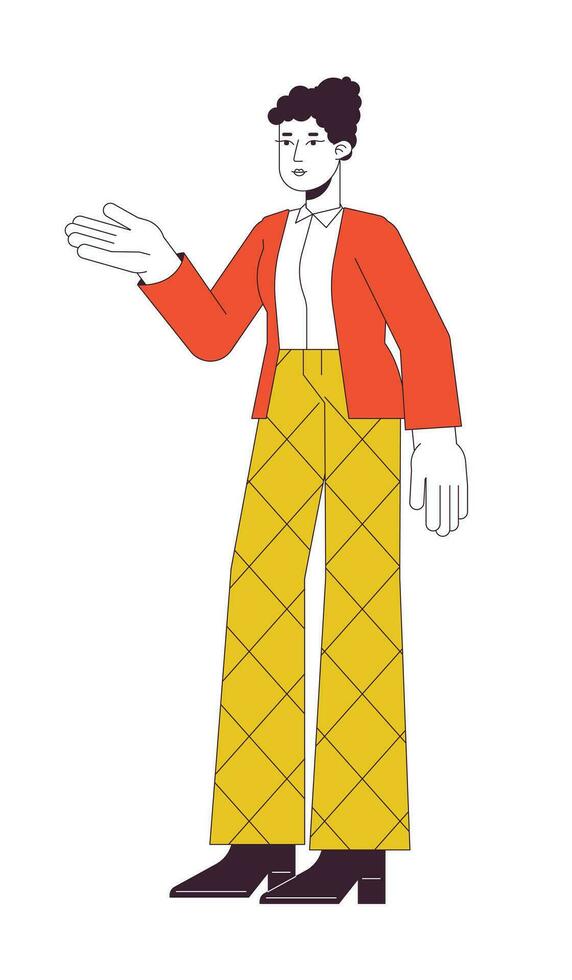 Female assistant manager pointing with hand flat line color vector character. Editable outline full body person on white. Real estate agent simple cartoon spot illustration for web graphic design