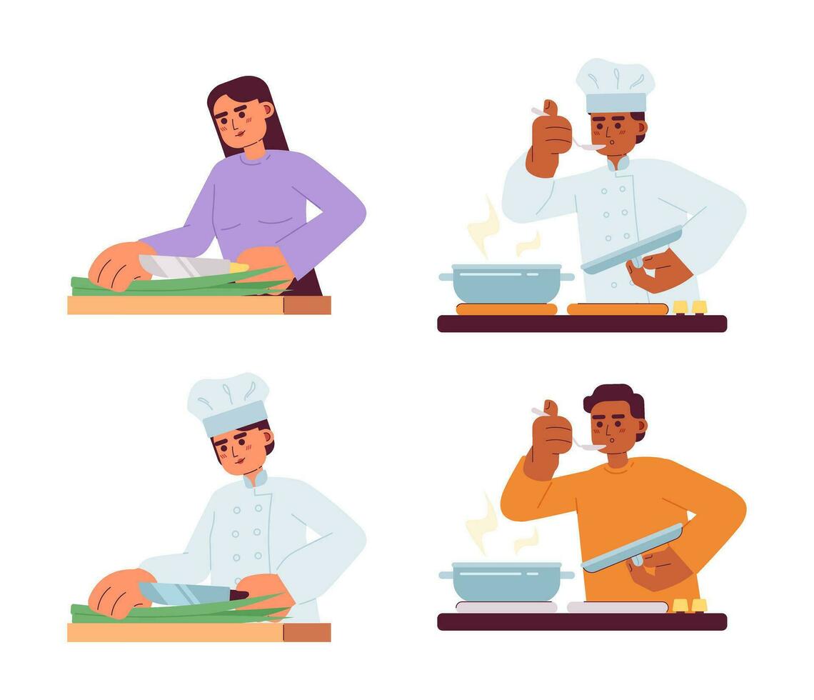 Chefs cooking semi flat colorful vector characters set. Editable thin line half body of male and female on white. Food preparation. Simple cartoon spot illustration pack for web graphic design