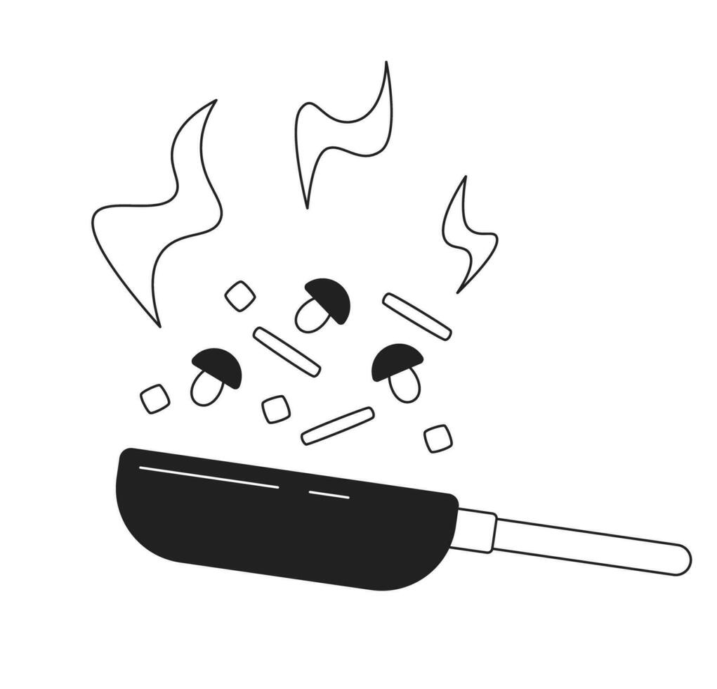 Vegetables in wok frying pan monochrome flat vector object. Cooking process. Editable black and white thin line icon. Simple cartoon clip art spot illustration for web graphic design