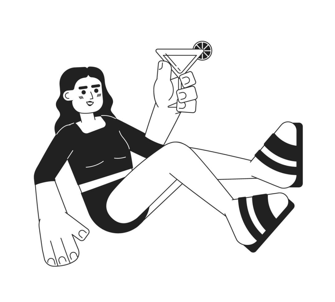 Arab woman with martini glass monochromatic flat vector character. Nightlife drinking. Summer vibes. Editable thin line full body person on white. Simple bw cartoon spot image for web graphic design