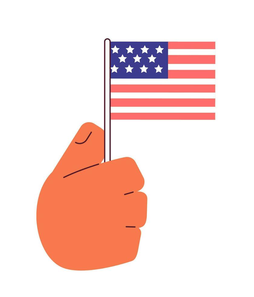 American flag holding semi flat colorful vector hand. Patriotism celebration. Waving flag. Patriotic 4th of july. Editable clip art on white. Simple cartoon spot illustration for web graphic design