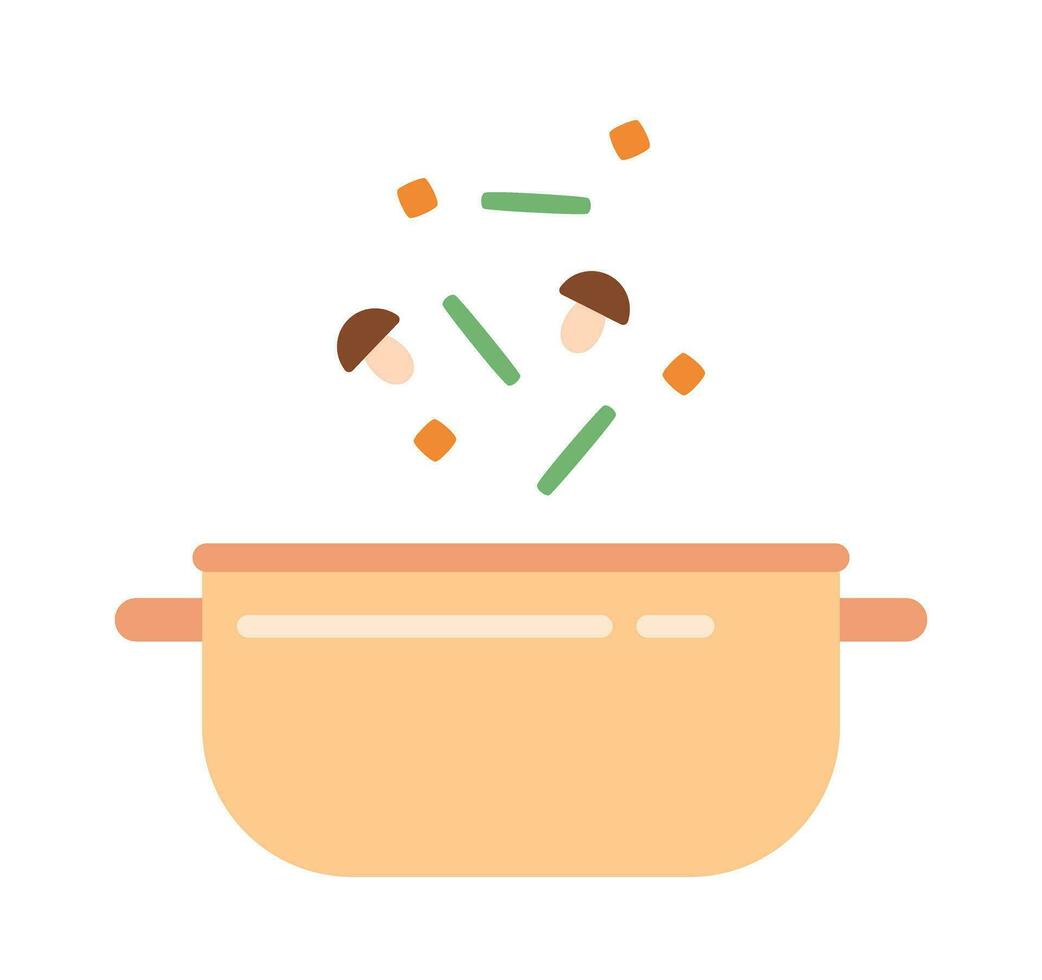 Add vegetables into pot semi flat colour vector object.Cut fresh mushrooms for soup.Cooking process. Editable cartoon clip art icon on white background. Simple spot illustration for web graphic design