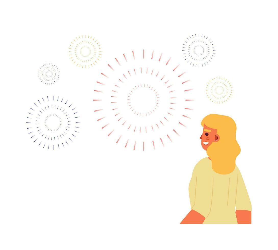 Caucasian blonde woman watching fireworks semi flat colorful vector character. America labor day. Editable half body person on white. Simple cartoon spot illustration for web graphic design