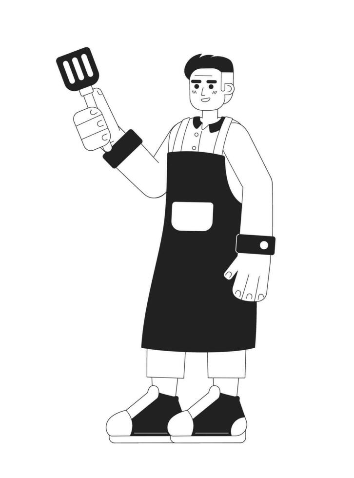 Adult man stand with steel spatula monochromatic flat vector character. Barbecue party. Editable full body male in cooking gown on white. Simple bw cartoon spot image for web graphic design