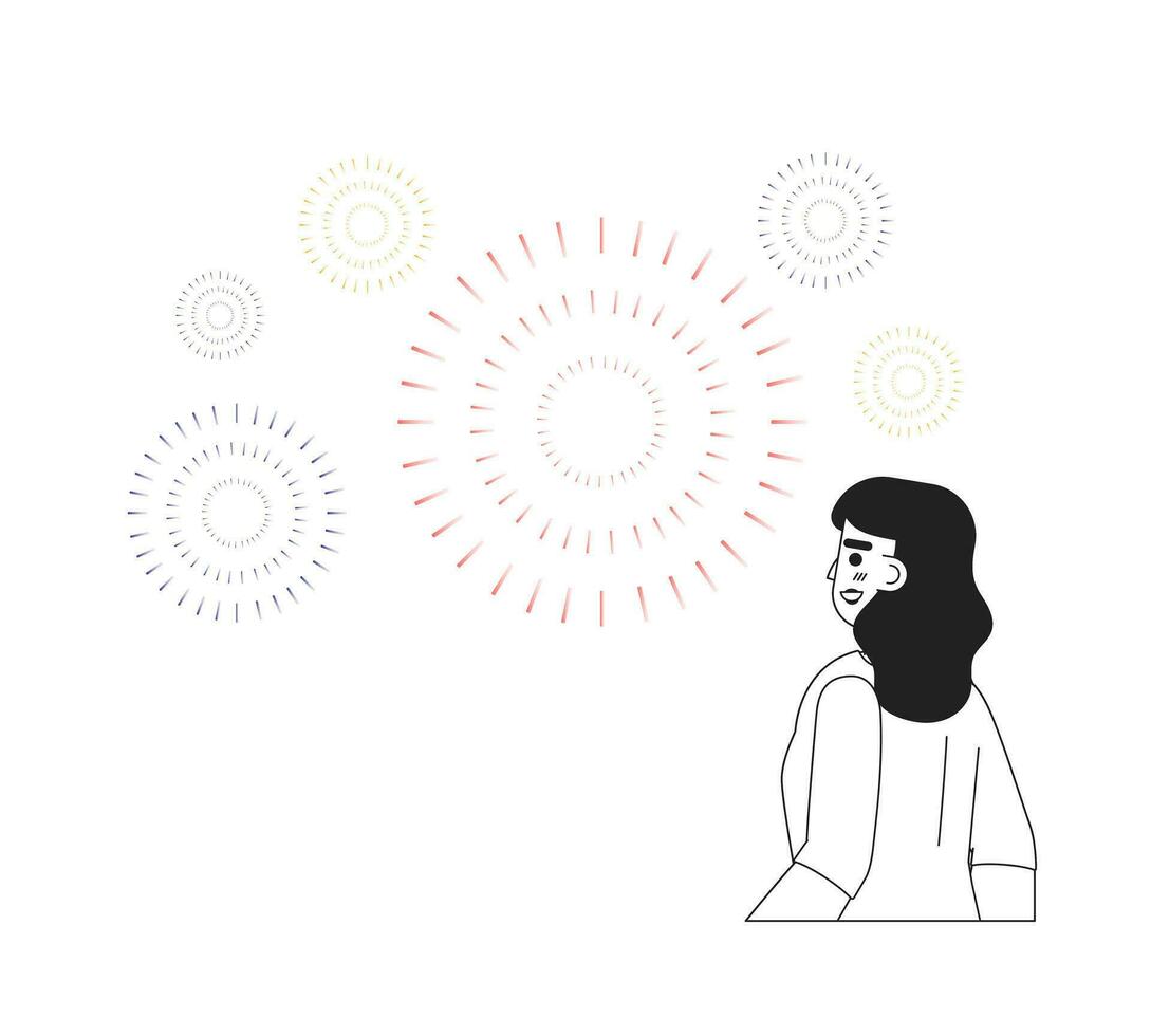 Young indian woman watching fireworks monochromatic flat vector character. 15 august independence day. Editable line half body person on white. Simple bw cartoon spot image for web graphic design