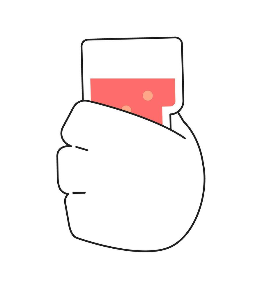 Lemonade beverage glass holding monochromatic flat vector hand. Cocktail holiday. Cranberry punch drinking. Editable thin line clip art on white. Simple bw cartoon spot image for web graphic design
