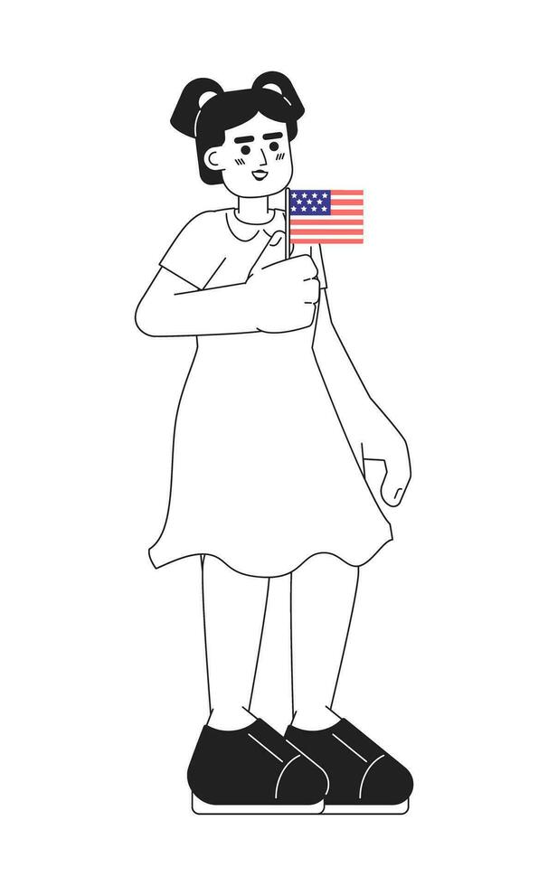 Young hispanic girl holding american flag monochromatic flat vector character. Patriotic 4th of july kid. Editable line full body person on white. Simple bw cartoon spot image for web graphic design