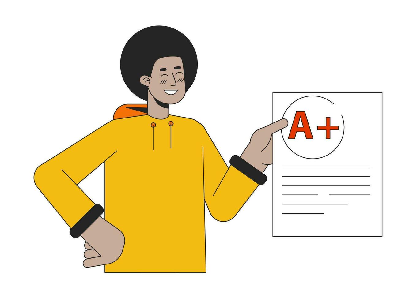 Proud african american student flat line color vector character. Editable outline half body schoolboy shows blank with mark on white. Simple cartoon spot illustration for web graphic design