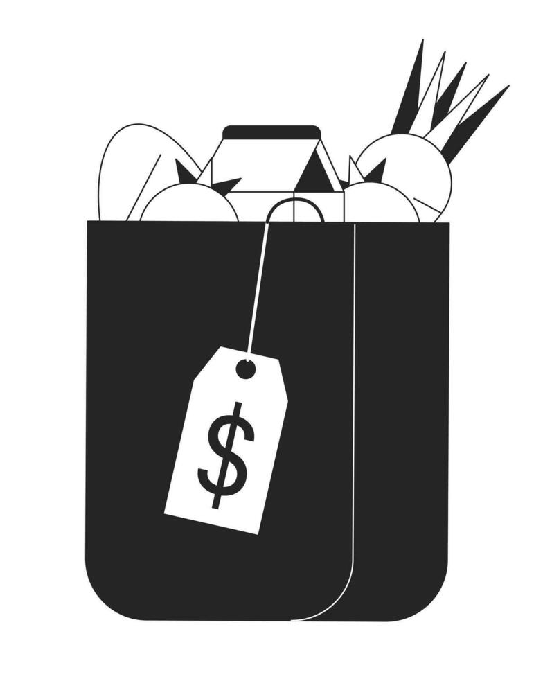 Paper bag with goods flat monochrome isolated vector object. Expensive shopping in grocery. Editable black and white line art drawing. Simple outline spot illustration for web graphic design