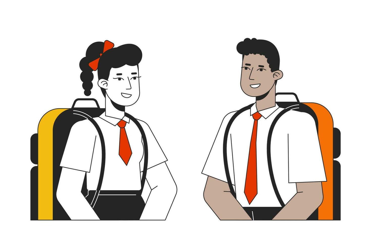 Two teenagers speaking flat line color vector characters. Editable outline half body education characters in school uniform on white. Simple cartoon spot illustration for web graphic design