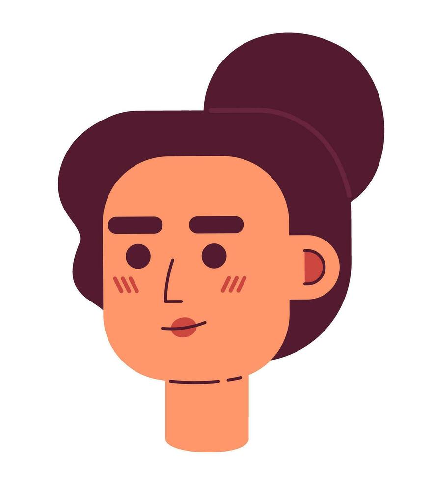 interesado joven mujer semi plano vector personaje cabeza. editable dibujos animados avatar icono. hembra empresario con bollo peinado. cara emoción. vistoso Mancha ilustración para web gráfico diseño, animación