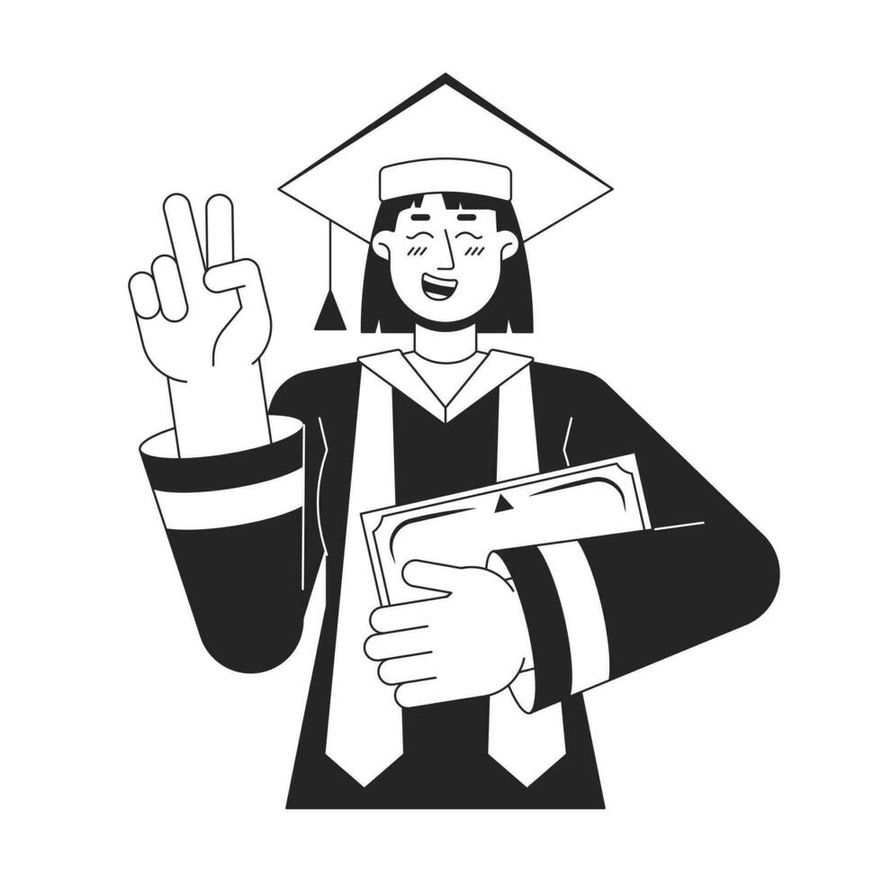 Student girl in robe and academic cap flat line black white vector character. Editable outline half body student holds diploma. Education simple cartoon isolated spot illustration for web graphic