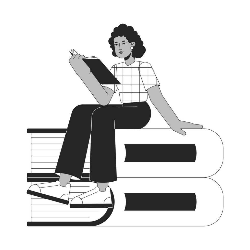 Cute african american girl reading book bw concept vector spot illustration. Busy student 2D cartoon flat line monochromatic character for web UI designimage