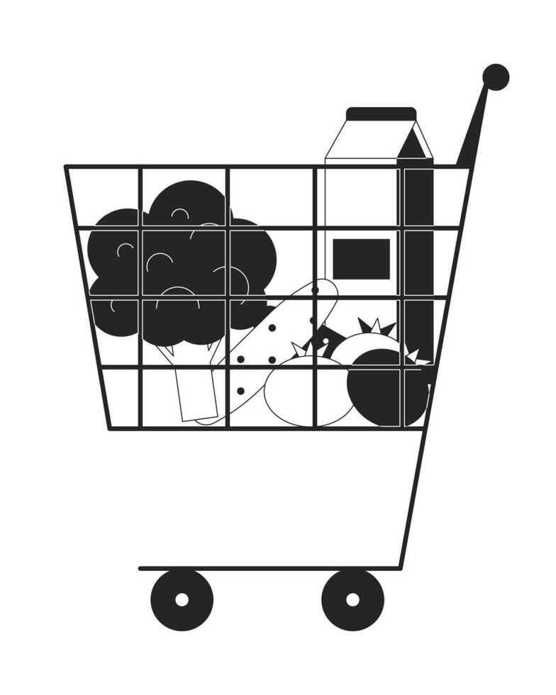 Shopping cart with purchases flat monochrome isolated vector object. Healthy food in basket. Editable black and white line art drawing. Simple outline spot illustration for web graphic design