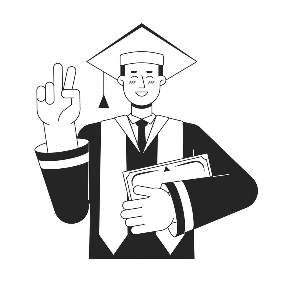 Graduate man in robe and academic cap flat line black white vector character. Editable outline half body student show V sign. Education simple cartoon isolated spot illustration for web graphic design