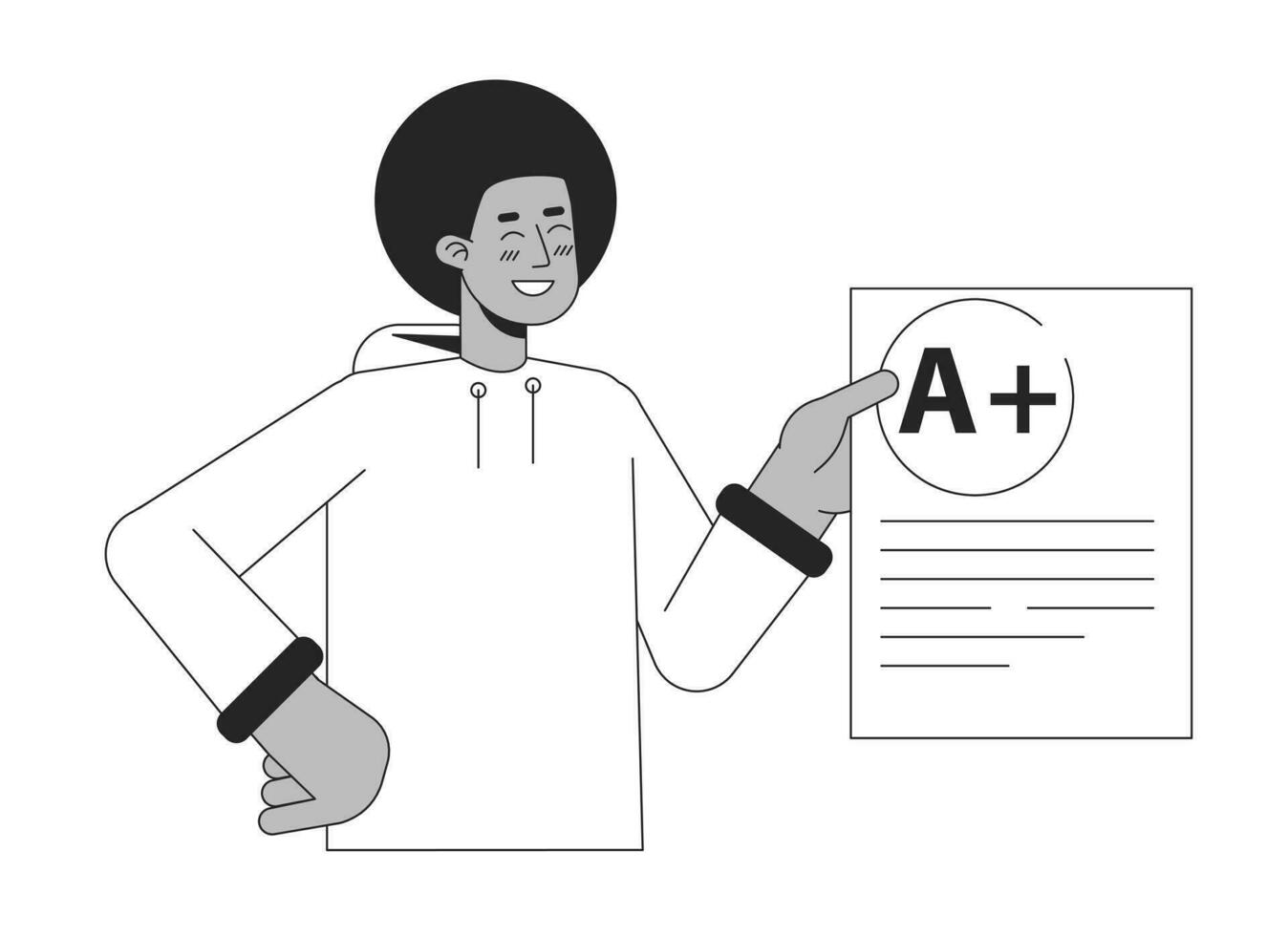 Proud african american student flat line black white vector character. Editable outline half body schoolboy shows blank with mark on white. Simple cartoon spot illustration for web graphic design