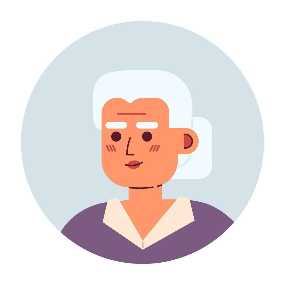 Senior silver haired woman semi flat vector character head. Granny with bun hairstyle. Editable cartoon avatar icon. Face emotion. Colorful spot illustration for web graphic design, animation