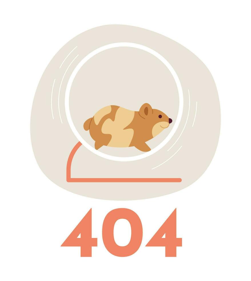 Funny hamster running in wheel error 404 flash message. Empty state ui design. Page not found popup cartoon image. Vector flat illustration concept on white background