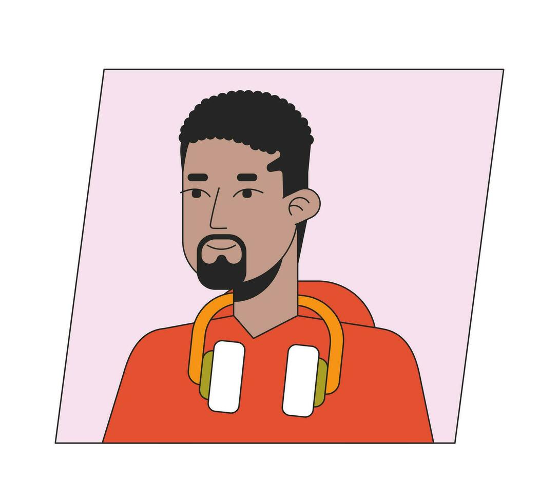 Young man with headphones flat color cartoon avatar icon. Man with beard Editable 2D user portrait linear illustration. Isolated vector face profile clipart. Userpic, person head and shoulders