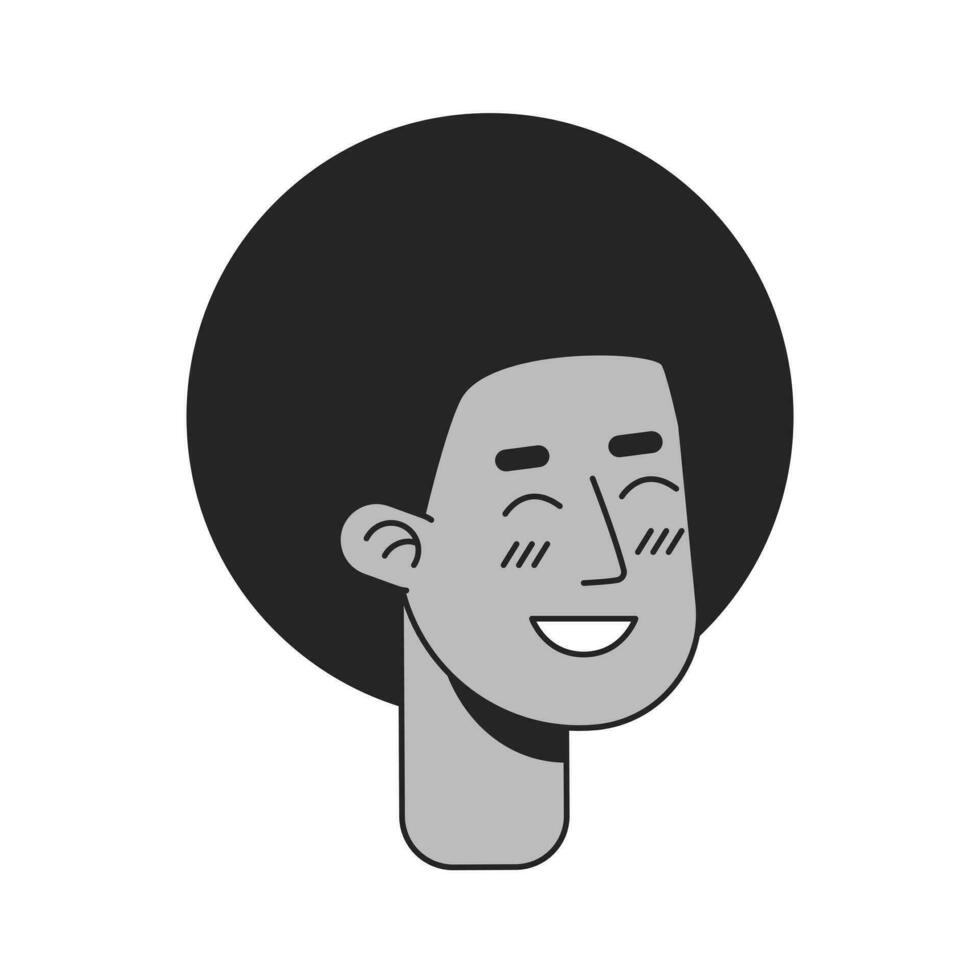 African american boy smiling monochrome flat linear character head. Editable outline hand drawn human face icon. 2D cartoon spot vector avatar illustration for animation