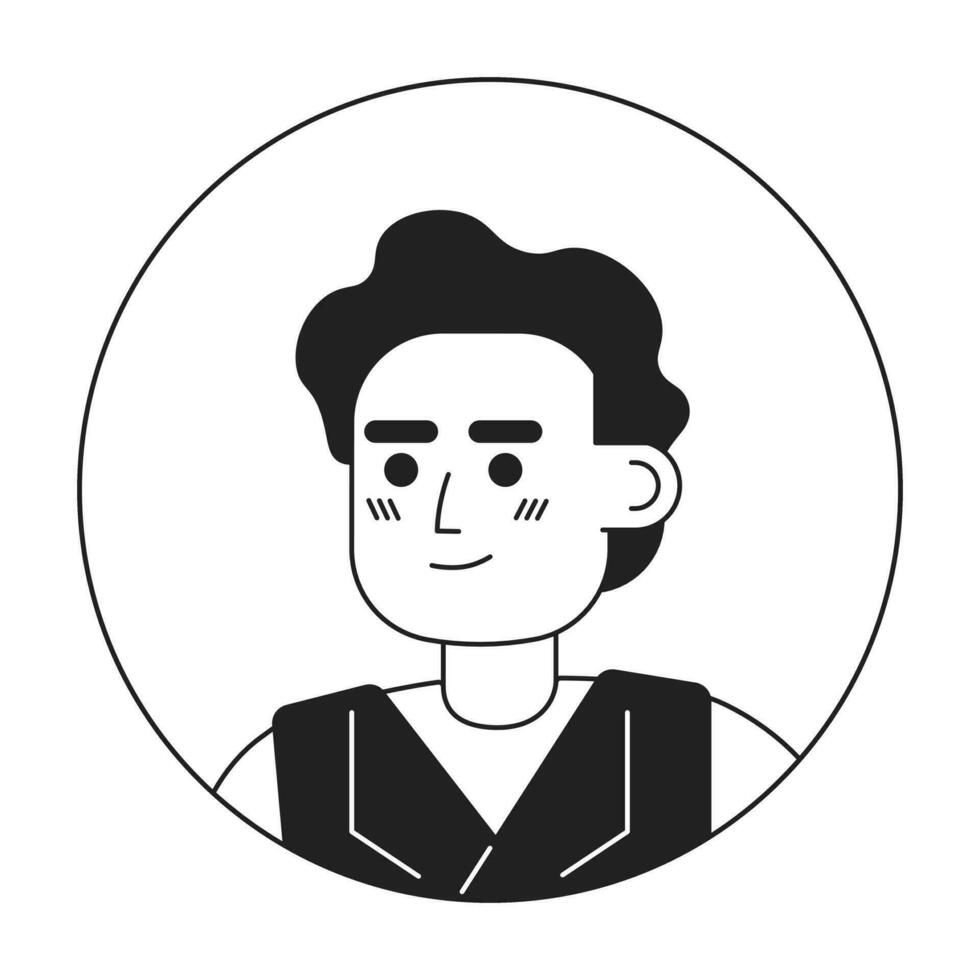 Handsome arabian man monochrome flat linear character head. Brunette curly hair. Editable outline hand drawn human face icon. 2D cartoon spot vector avatar illustration for animation