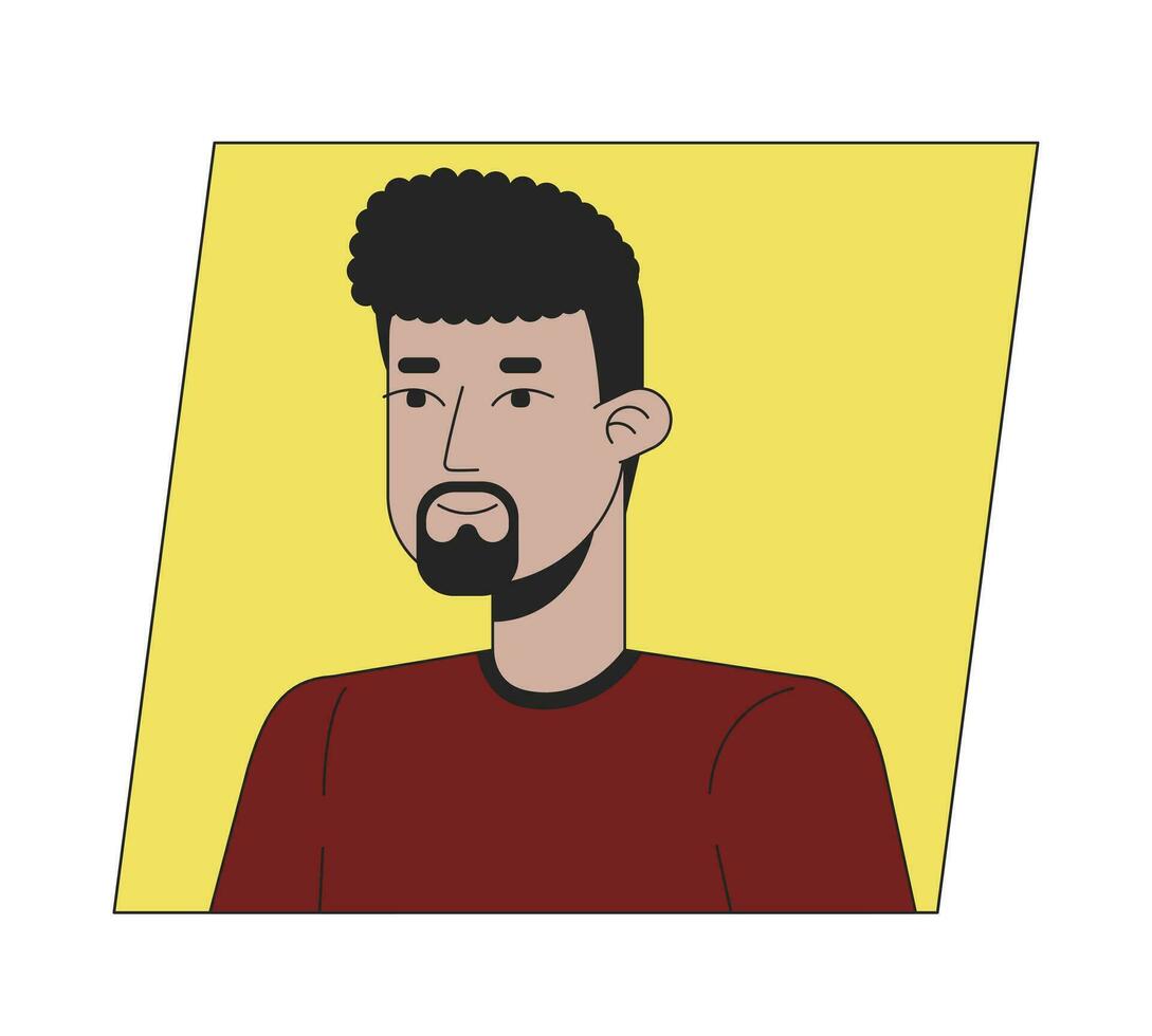 Handsome adult hispanic man with black beard flat color cartoon avatar icon. Editable 2D user portrait linear illustration. Isolated vector face profile clipart. Userpic, person head and shoulders