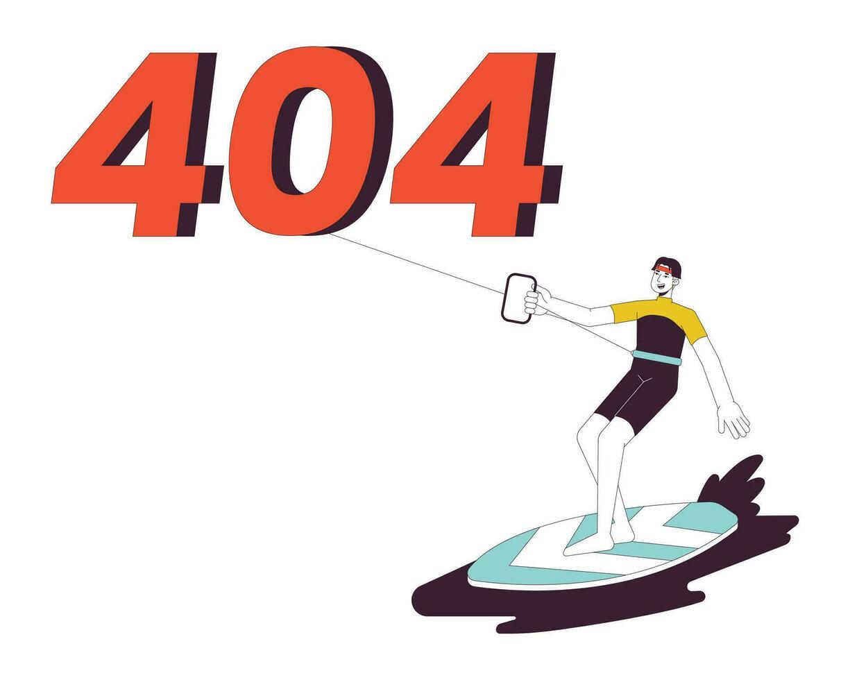 Kiteboarding error 404 flash message. Watersport recreation. Surfer riding with kite. Empty state ui design. Page not found popup cartoon image. Vector flat illustration concept on white background