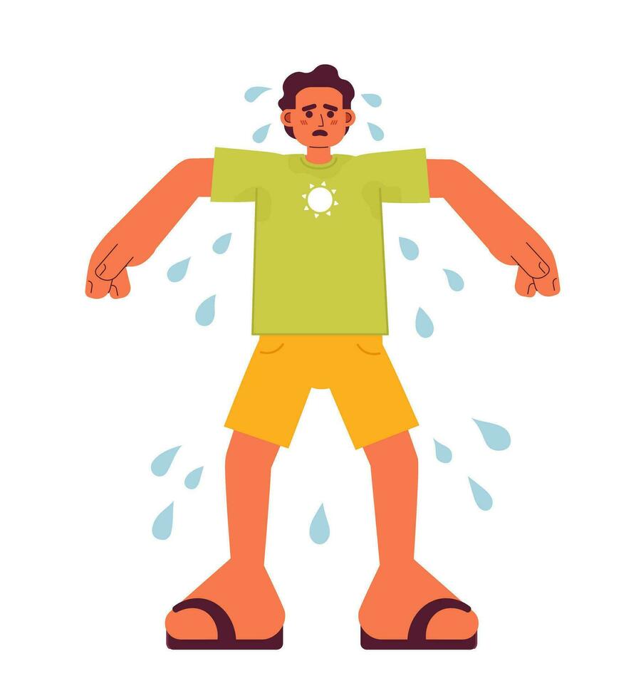 Sweating outdoors in summertime flat concept vector spot illustration. Sad man with sweaty armpits 2D cartoon character on white for web UI design. Summer heat isolated editable creative hero image