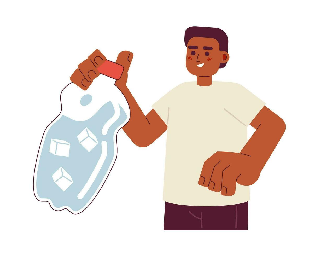 Stay hydrated in summer flat concept vector spot illustration. African american young man holding water bottle 2D cartoon character on white for web UI design. Isolated editable creative hero image