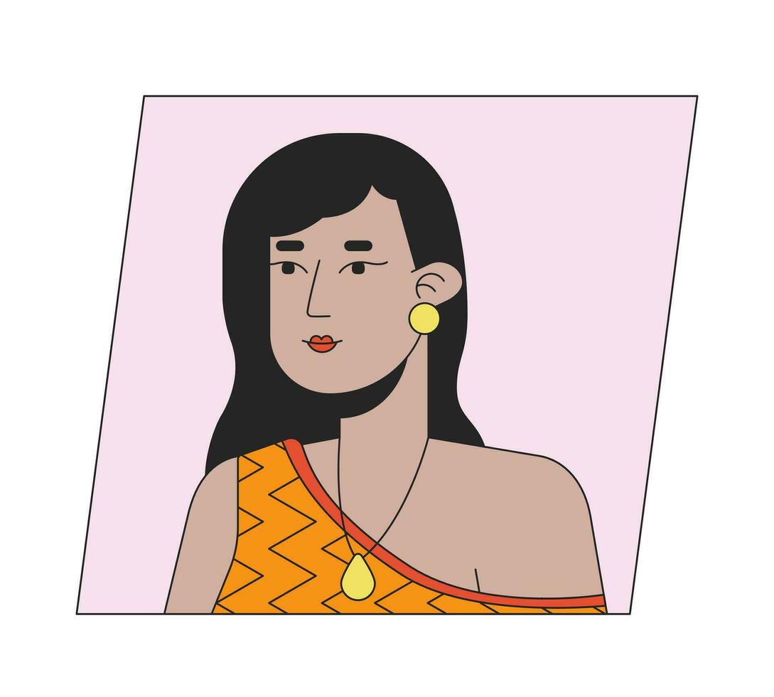 Pretty indian woman with long black hair flat color cartoon avatar icon. Editable 2D user portrait linear illustration. Isolated vector face profile clipart. Userpic, person head and shoulders