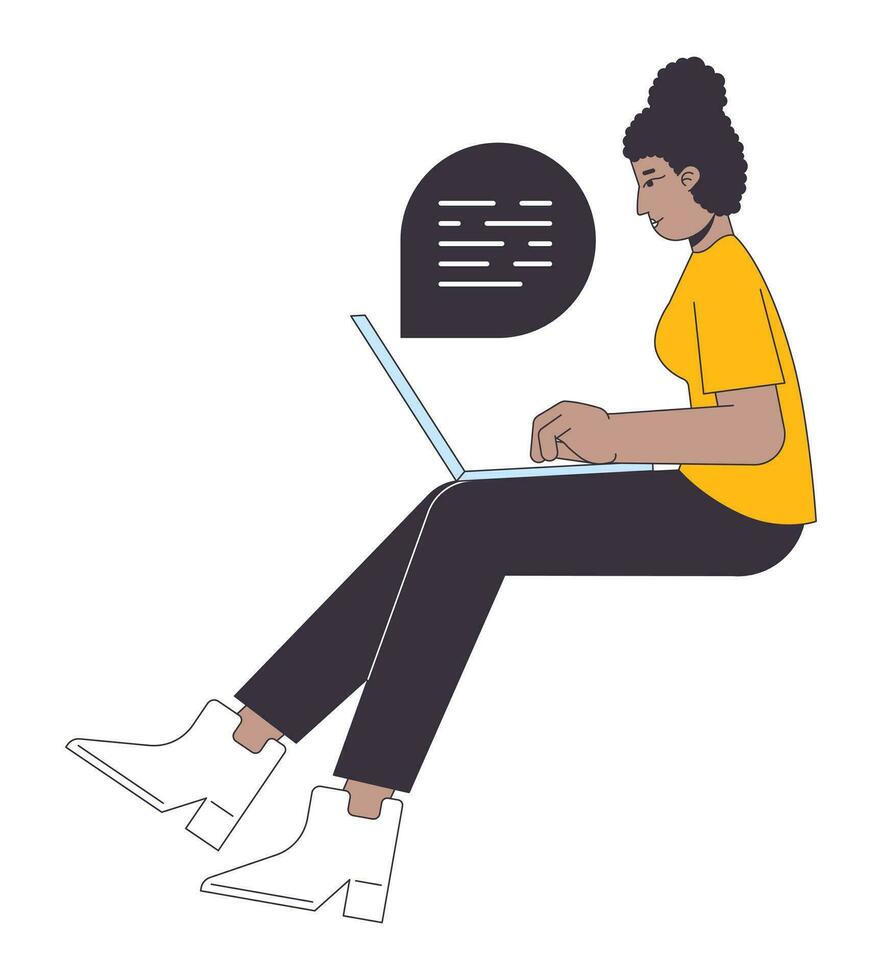 African american girl typing on computer flat line color vector character. Editable outline full body woman side view communicate on white. Simple cartoon spot illustration for web graphic design