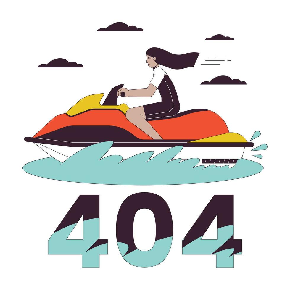 Jet ski riding error 404 flash message. Swimwear arab girl on water scooter. Watersport. Empty state ui design. Page not found popup cartoon image. Vector flat illustration concept on white background