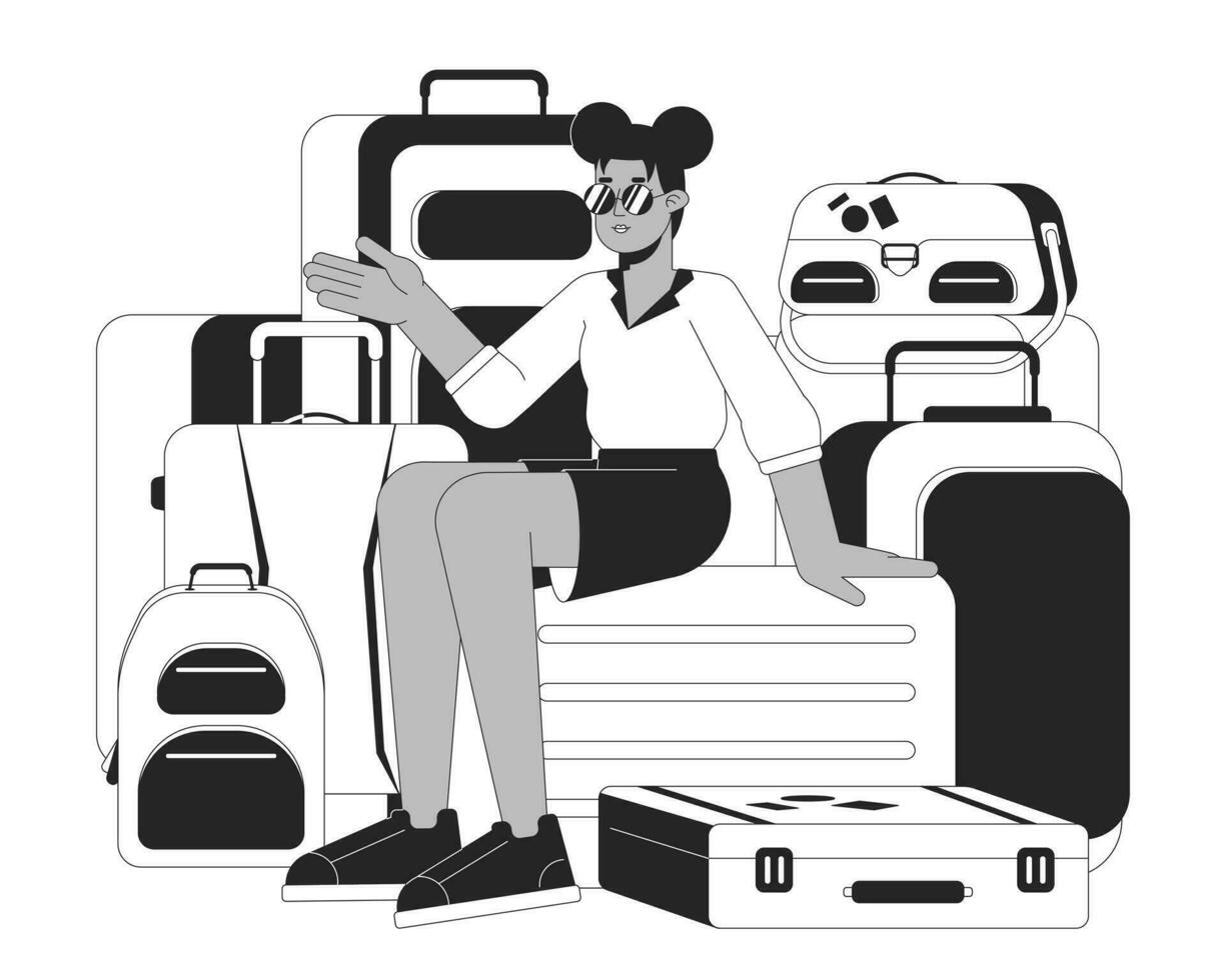 Suitcase pile girl bw vector spot illustration. Sunglasses cool woman sitting on luggage bags 2D cartoon flat line monochromatic character for web UI design. Editable isolated outline hero image