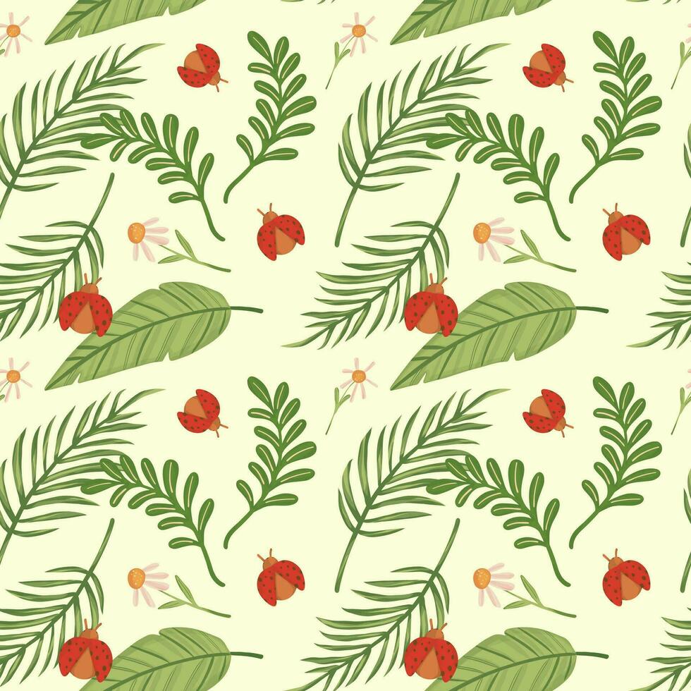 Tropical plant and lady bug seamless pattern vector